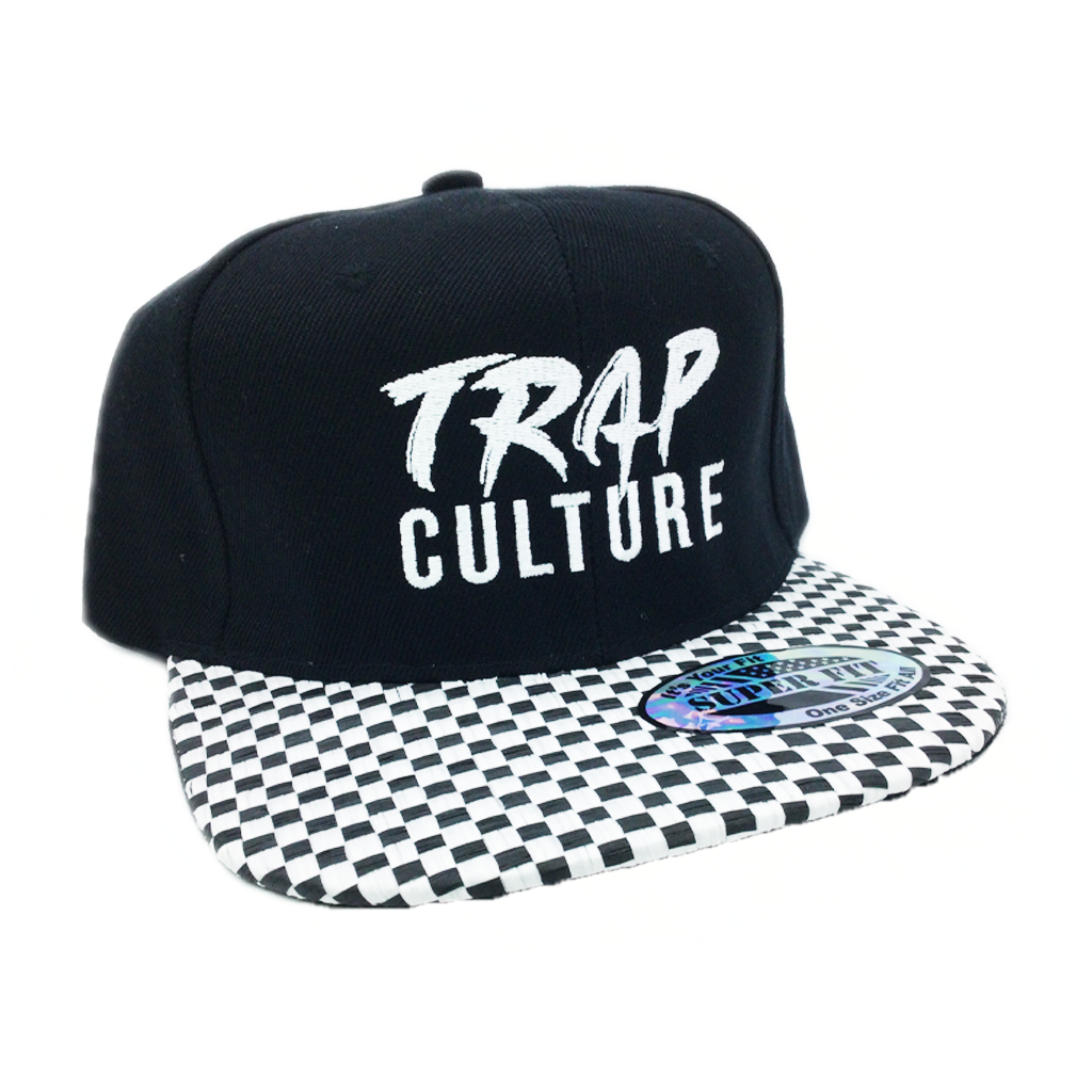 Trap Culture Checkered Bill White Logo on Black Hat