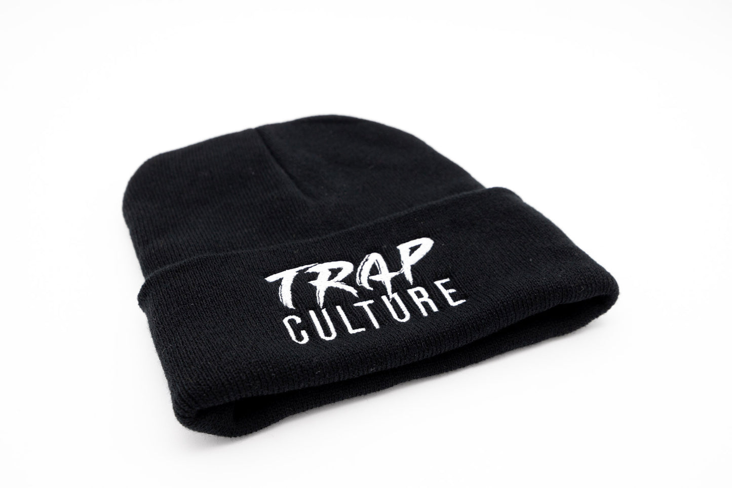 Trap Culture White Logo on Black Beanie with Fold
