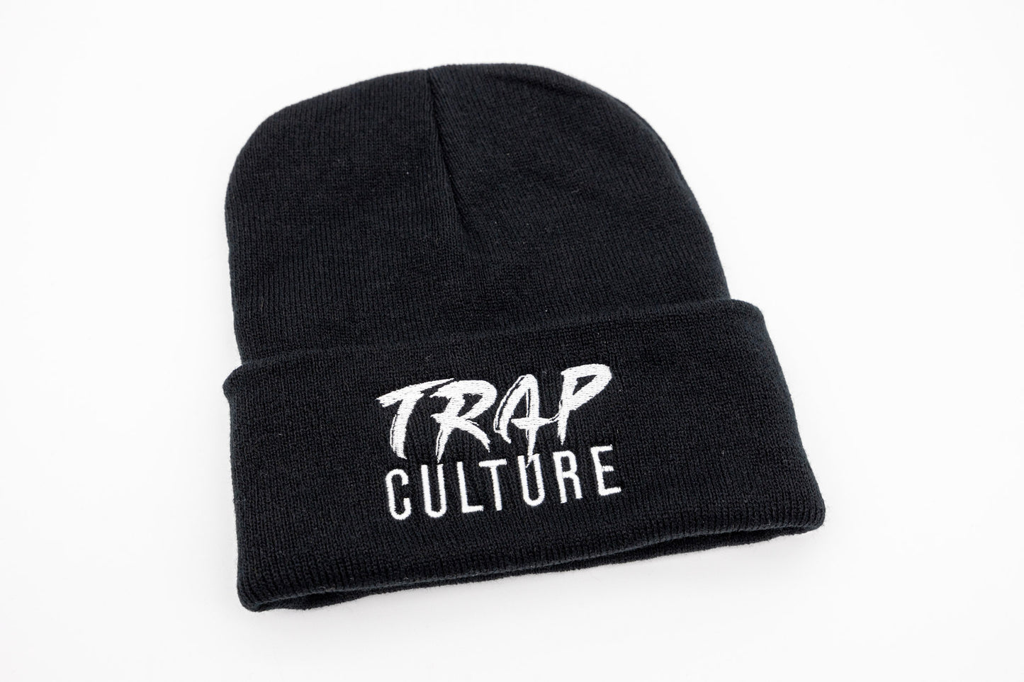 Trap Culture White Logo on Black Beanie with Fold